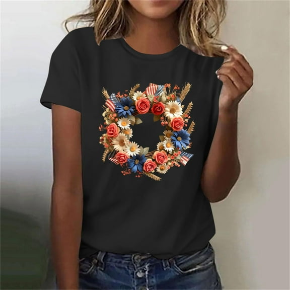Busydd 4th of July Women's Tops Stylish American Flag Print Independence Day Tees Casual Round Neck Short Sleeve T Shirts for Women Comfy Summer Tops M