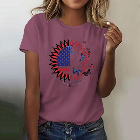 Busydd 4th of July Women's Tops Stylish American Flag Print Independence Day Tees Casual Round Neck Short Sleeve T Shirts for Women Comfy Summer Tops L
