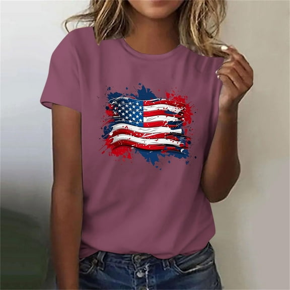 Busydd 4th of July Women's Tops Stylish American Flag Print Independence Day Tees Casual Round Neck Short Sleeve T Shirts for Women Comfy Summer Tops XL