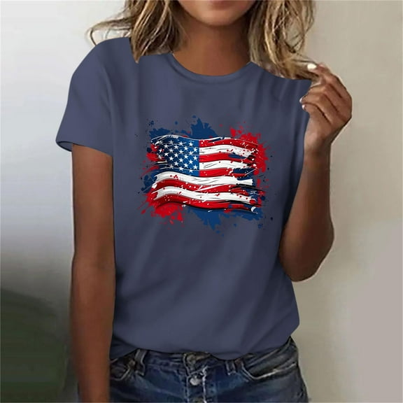 Busydd 4th of July Women's Tops Stylish American Flag Print Independence Day Tees Casual Round Neck Short Sleeve T Shirts for Women Comfy Summer Tops L