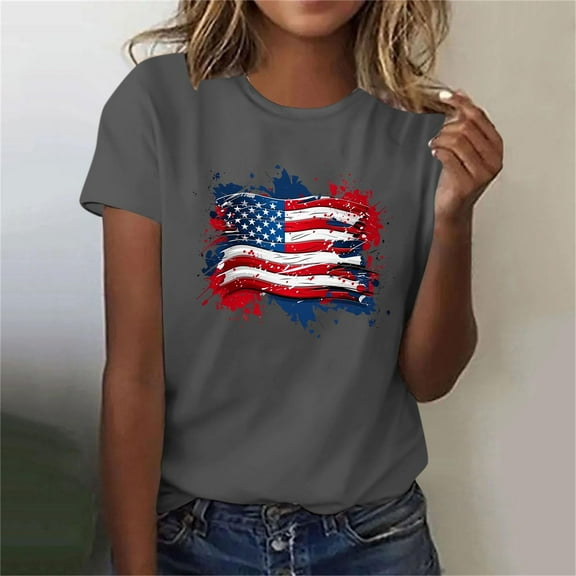Busydd 4th of July Women's Tops Stylish American Flag Print Independence Day Tees Casual Round Neck Short Sleeve T Shirts for Women Comfy Summer Tops L
