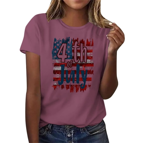 Busydd 4th of July Independence Day T Shirts for Women Trendy Casual Round Neck Short Sleeve Summer Tops Comfortable American Flag Print Tees 2XL