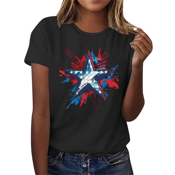 Busydd 4th of July Independence Day T Shirts for Women Trendy Casual Round Neck Short Sleeve Summer Tops Comfortable American Flag Print Tees S