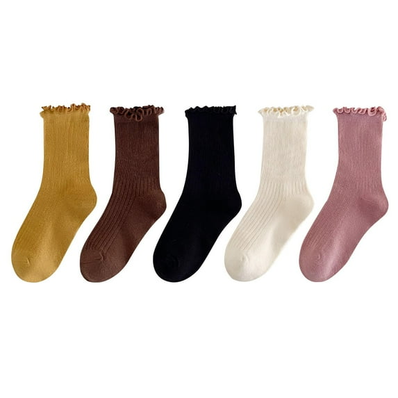 Busydd 5 Pairs Girls Socks 1-12 Years Casual Comfy Solid Color Cotton Socks for Girls Trendy Versatile Ruffle Socks 6 Years
