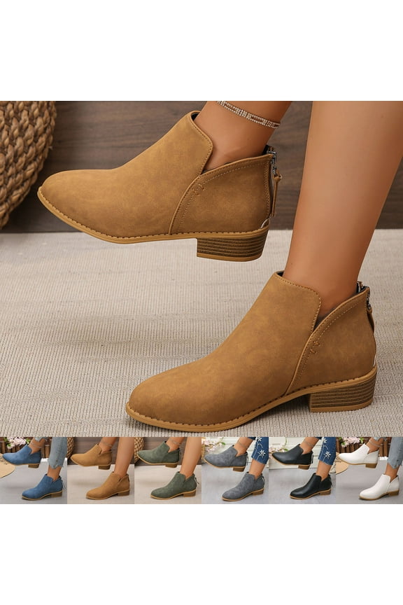 Ankle Boots for Women Casual Versatile Low Heel Womens Booties Solid Color Zipper Comfortable Fall Women's Boots 5.5