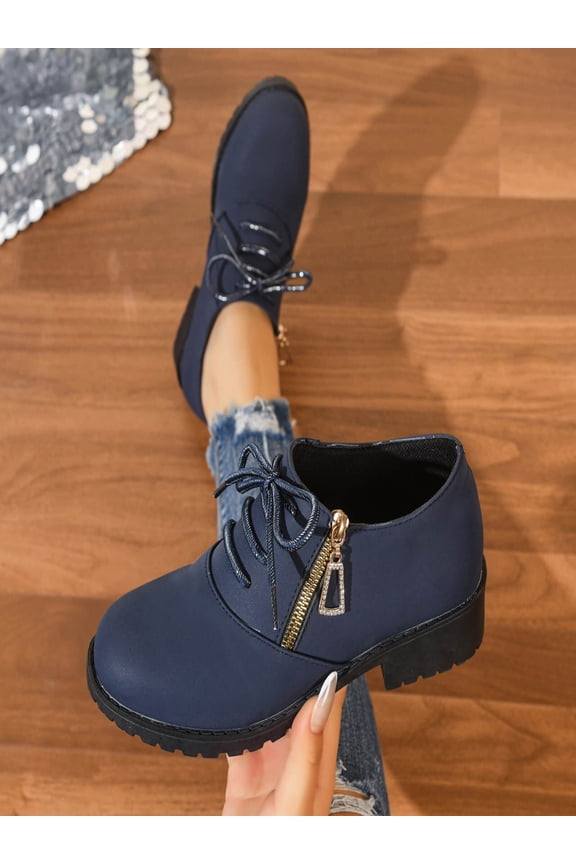 Ankle Boots for Women Solid Color Lace Up Chunky Heel Womens Boots Comfortable Side Zipper Round Toe Booties 36