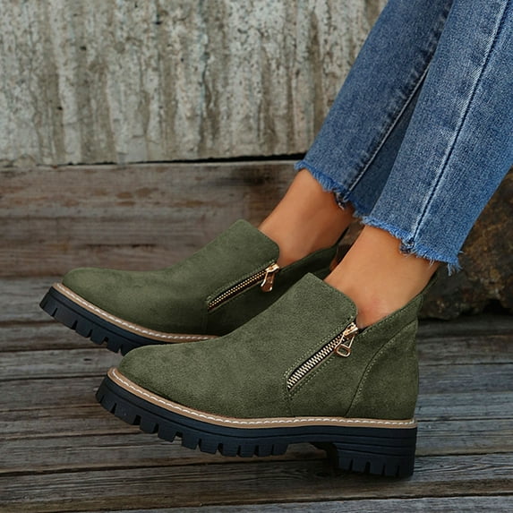 Busydd Ankle Boots for Women Trendy Solid Color Booties for Women Comfortable Thick Heel Womens Booties Casual Double Zipper Women Shoes 7