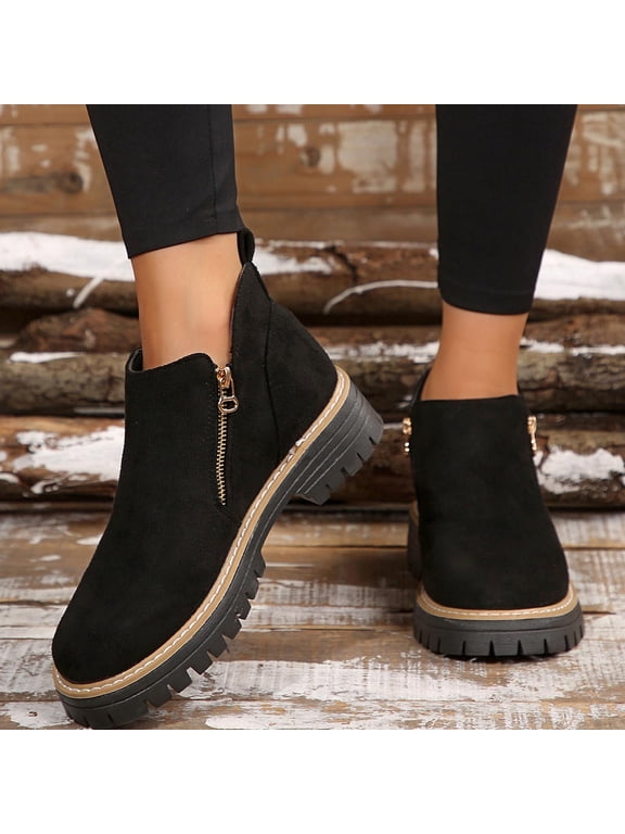 Ankle Boots for Women Trendy Solid Color Booties for Women Comfortable Thick Heel Womens Booties Casual Double Zipper Women Shoes 9
