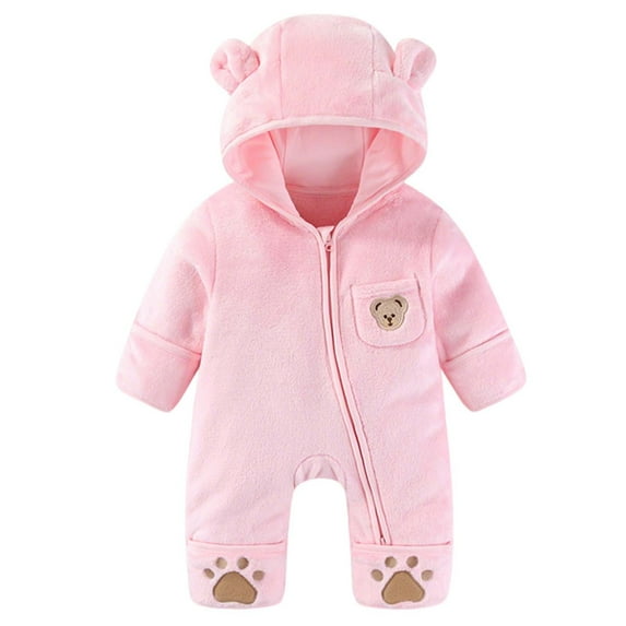 Busydd Baby Boy Romper 0-12 Months Fashion Cute Hooded Long Sleeve Solid Color Zip Baby Girl Romper Winter Warm Flannel Newborn Baby Boy Clothes
