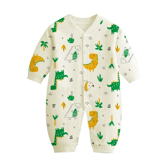 Busydd Baby Boys Girls Cotton Rompers V Neck Long Sleeve Infant Clothes Cute Print Button Down Baby Boy Rompers Unisex Newborn Jumpsuits Overalls 0-12 Months