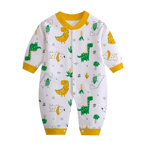 Busydd Baby Boys Girls Cotton Rompers V Neck Long Sleeve Infant Clothes Cute Print Button Down Baby Boy Rompers Unisex Newborn Jumpsuits Overalls 0-12 Months