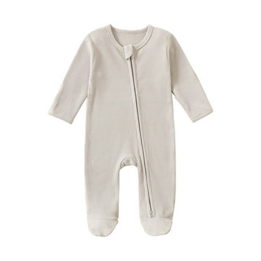 Busydd Baby Boys Girls Rompers Long Sleeve Round Neck Infant Clothes Solid Color Ribbed Zipper Unisex Newborn Baby Jumpsuits One Piece Baby Rompers Bodysuit 0-12 Months