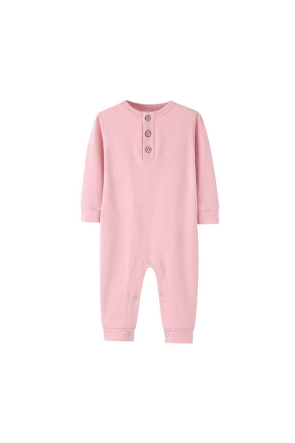 Baby Boys Girls Rompers Long Sleeve Round Neck Unisex Infant Clothes Button Solid Color Newborn Baby Girl Clothes Comfort Cotton Baby Boy Romper Jumpsuits 3-12 Months