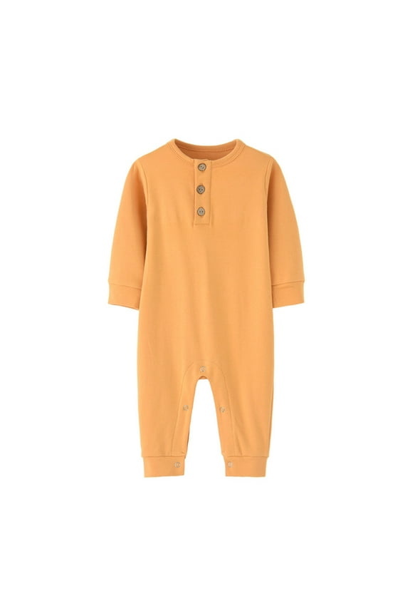 Baby Boys Girls Rompers Long Sleeve Round Neck Unisex Infant Clothes Button Solid Color Newborn Baby Girl Clothes Comfort Cotton Baby Boy Romper Jumpsuits 3-12 Months