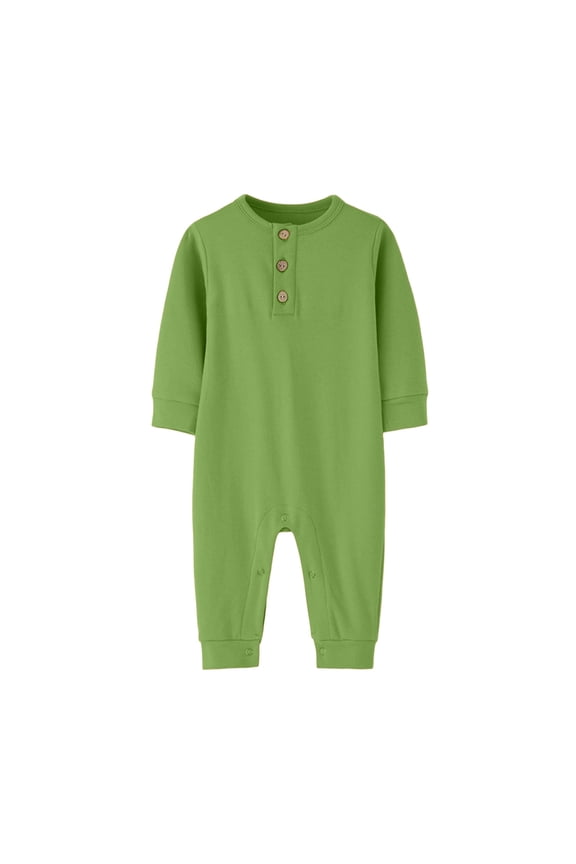 Baby Boys Girls Rompers Long Sleeve Round Neck Unisex Infant Clothes Button Solid Color Newborn Baby Girl Clothes Comfort Cotton Baby Boy Romper Jumpsuits 3-12 Months