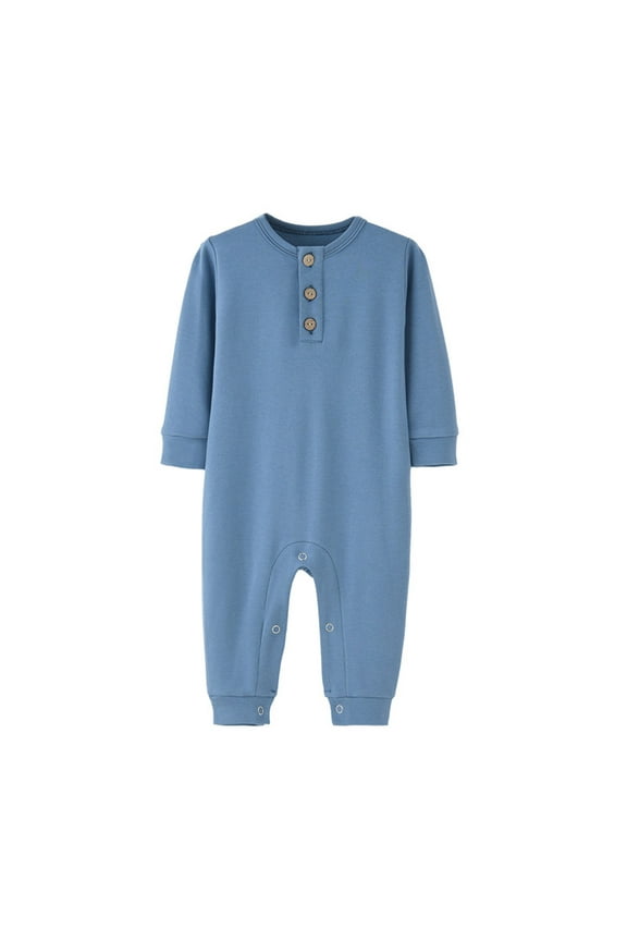 Baby Boys Girls Rompers Long Sleeve Round Neck Unisex Infant Clothes Button Solid Color Newborn Baby Girl Clothes Comfort Cotton Baby Boy Romper Jumpsuits 3-12 Months