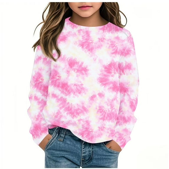 Busydd Baby Girl Clothes 3-14 Years Fashion Tie Dye Long Sleeve Girls' Tops Casual Spring Round Neck Little Girls Blouses Comfort Cute Kids T-Shirts