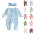 thumbnail image 1 of Busydd Baby Girl Romper with Headband 0-12 Months Fashion Solid Color Round Neck Ruffled Onesie Casual Summer Long Sleeve Ribbed Infant Boy Clothes NB, 1 of 7