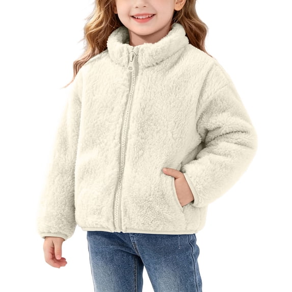 Busydd Baby Girls Fuzzy Jackets 3-18 Months Solid Color Warm Zip Up Fleece Jacket Stand Collar Long Sleeve Winter Coats with Pockets 12 Months