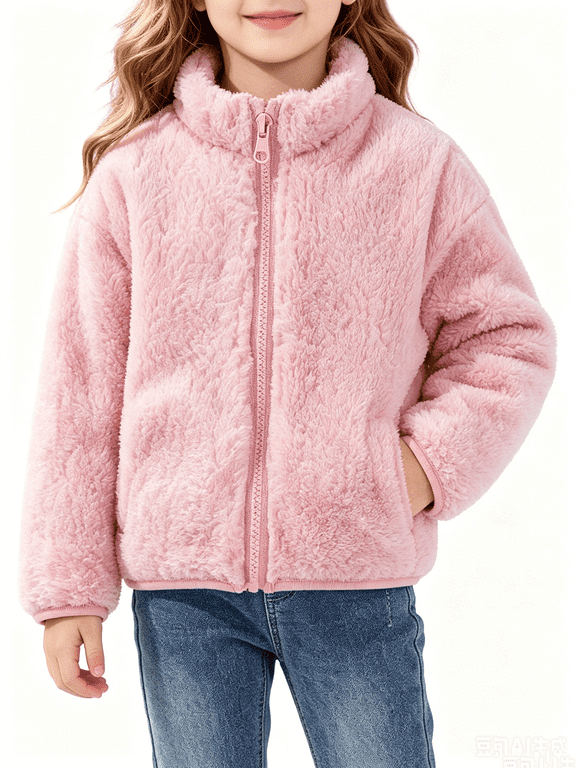 Baby Girls Fuzzy Jackets 3-18 Months Solid Color Warm Zip Up Fleece Jacket Stand Collar Long Sleeve Winter Coats with Pockets 3 Months