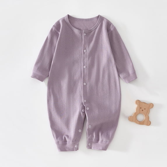 Busydd Baby Romper 0-2 Years Unisex Long Sleeve Baby Girl Clothes Round Neck Button Baby Boy Onesies Solid Color Ribbed Newborn Infant Summer Romper