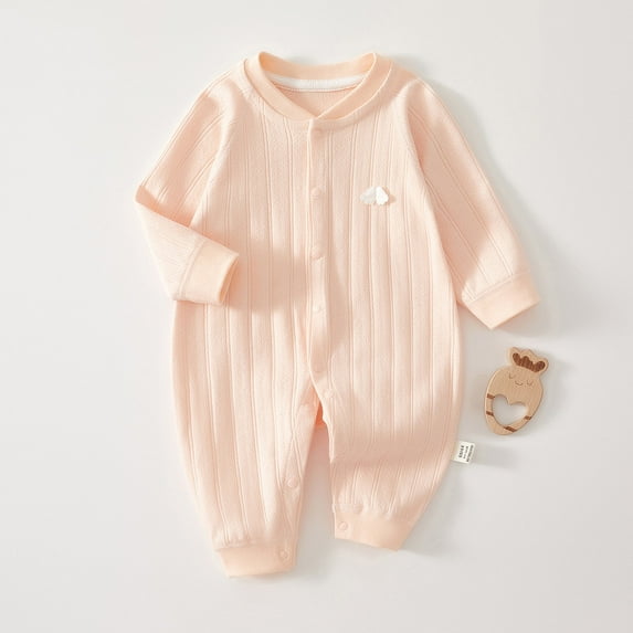 Busydd Baby Romper 0-2 Years Unisex Long Sleeve Baby Girl Clothes Round Neck Button Baby Boy Onesies Solid Color Ribbed Newborn Infant Summer Romper