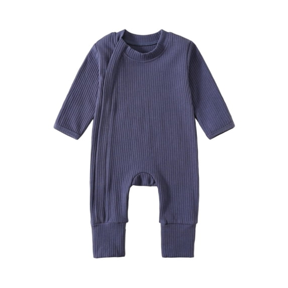 Busydd Baby Romper 3-18 Months Trendy Zipper Knit Ribbed Infant Boy Clothes Comfy Solid Color Round Neck Long Sleeve Newborn Clothes Onesie 9-12 Months