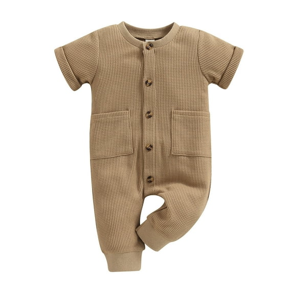 Busydd Baby Romper Fashion Ribbed Solid Color Short Sleeve Girls Rompers Casual Summer Lapel Button Pockets Boys Clothes 0-3 Months