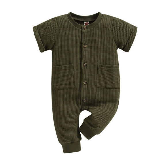 Busydd Baby Romper Fashion Ribbed Solid Color Short Sleeve Girls Rompers Casual Summer Lapel Button Pockets Boys Clothes 3-6 Months
