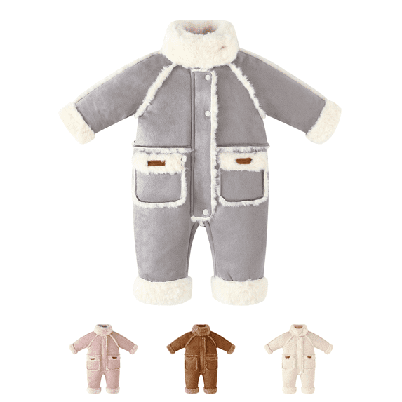 Busydd Baby Rompers 0-2 Years Warm Comfy Long Sleeve Fleece Winter Romper Srand Collar Solid Color Button Zipper Fluffy Jumpsuit