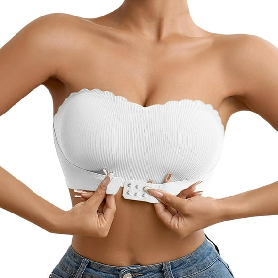 Busydd Bandeau Bras for Women Fashion Solid Color Ribbed Strapless Bras for Women Seamless Front Closure Womens Underwear L