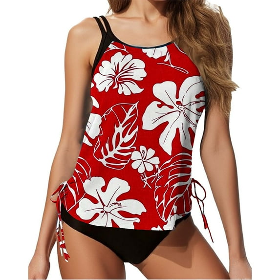 Busydd Bathing Suit for Women Fashion Summer 2 Piece Swimsuit for Women Round Neck Floral Print Tank Tops Built in Bra and Briefs Women's Bathing Suit