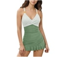 thumbnail image 1 of Busydd Bathing Suits for Women with Built in Bra Fashion Striped Color Block One Piece Swimsuit V Neck Adjustable Straps Pleated Swim Dress with Shorts XL, 1 of 7