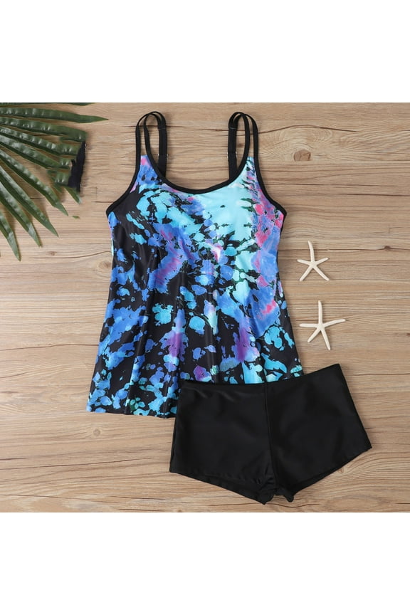 Bathing Suits for Women Plus Size Swimsuit S-5XL Two Piece Swim Suits Trendy Floral Print Round Neck Straps Tankini with Boyshorts