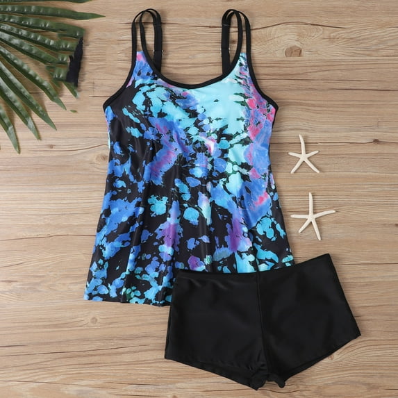 Busydd Bathing Suits for Women Plus Size Swimsuit S-5XL Two Piece Swim Suits Trendy Floral Print Round Neck Straps Tankini with Boyshorts