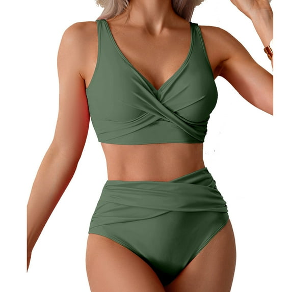 Busydd Bathing Suits for Women Two Piece Swim Suits Trendy Solid Color V Neck Bikini Sets High Waisted Pleated Swimsuits with Boyshorts