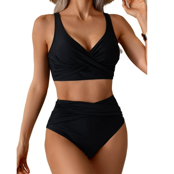 Busydd Bathing Suits for Women Two Piece Swim Suits Trendy Solid Color V Neck Bikini Sets High Waisted Pleated Swimsuits with Boyshorts