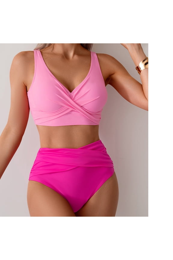 Bathing Suits for Women Two Piece Swim Suits Trendy Solid Color V Neck Bikini Sets High Waisted Pleated Swimsuits with Boyshorts