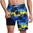 thumbnail image 1 of Busydd Beach Shorts for Men with Built in Underlayer Fashion Hawaiian Print Knee Length Summer Shorts Elastic Waist Drawstring Casual Shorts with Pockets L, 1 of 6