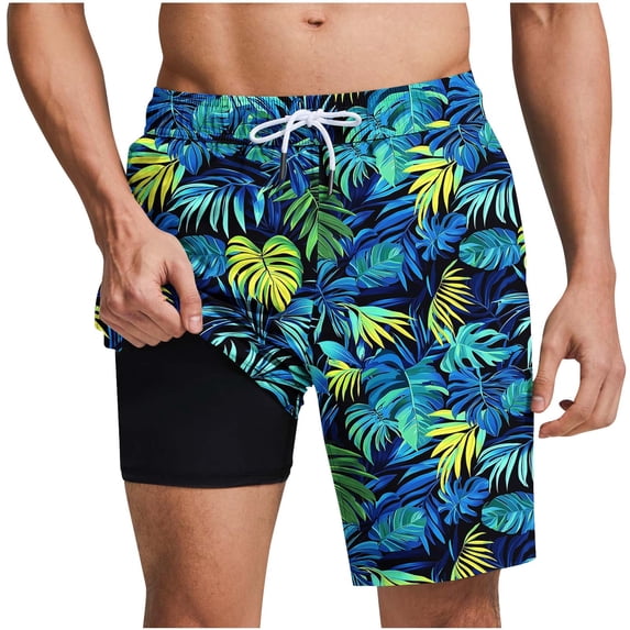 Busydd Beach Shorts for Men with Built in Underlayer Fashion Hawaiian Print Knee Length Summer Shorts Elastic Waist Drawstring Casual Shorts with Pockets XL