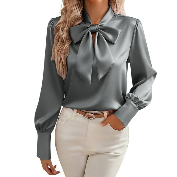 Busydd Blouses for Women Dressy Casual Solid Color Long Sleeve Shirts for Women Fashion Satin Bow Neck Ladies Tops and Blouses 2XL