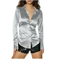 thumbnail image 1 of Busydd Blouses for Women Fashion Solid Color Lapel Long Sleeve Shirts for Women Comfortable Satin Button Down Dress Shirts for Women M, 1 of 7