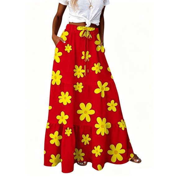 Busydd Boho Skirt for Women with Pockets Fashion Print Drawstring Maxi Skirt Flowy Vacation Elastic Waist Drawstring Long Skirts 2XL