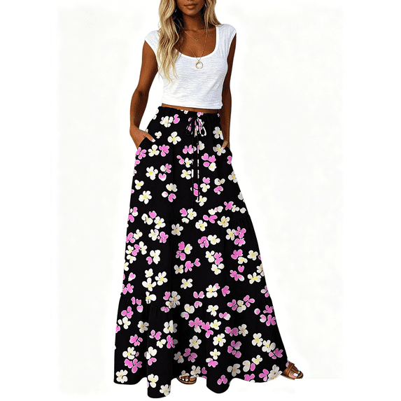 Busydd Boho Skirt for Women with Pockets Fashion Print Drawstring Maxi Skirt Flowy Vacation Elastic Waist Drawstring Long Skirts XL