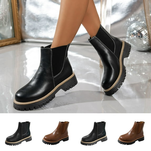 Busydd Booties for Women Trendy Solid Color Zipper Wide Calf Boots for Women Comfy Round Toe Chunky Heel Womens Ankle Boots 5.5