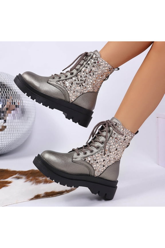 Boots for Women Fashion Sequin Chunky Heel Women Footwear Comfy Casual Round Toe Lace up Womens Ankle Boots 9