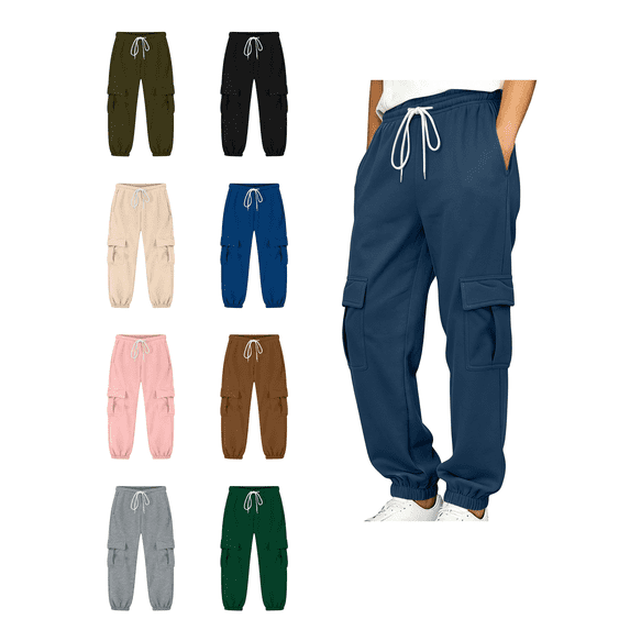 Busydd Boys Cargo Pants 5-15 Years Solid Color Elastic Waist Joggers for Teen Boys Casual Comfy Drawstring Cuffed Ankle Sweat Pants with Multi Pockets 5-6 Years