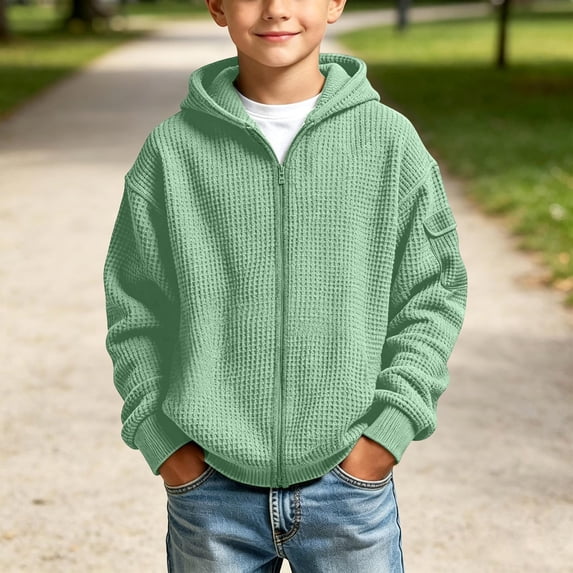 Busydd Boys Fall Jacket 3-14 Years Trendy Solid Color Waffle Texture Zip Up Jacket Comfy Casual Long Sleeve Hooded Outerwear