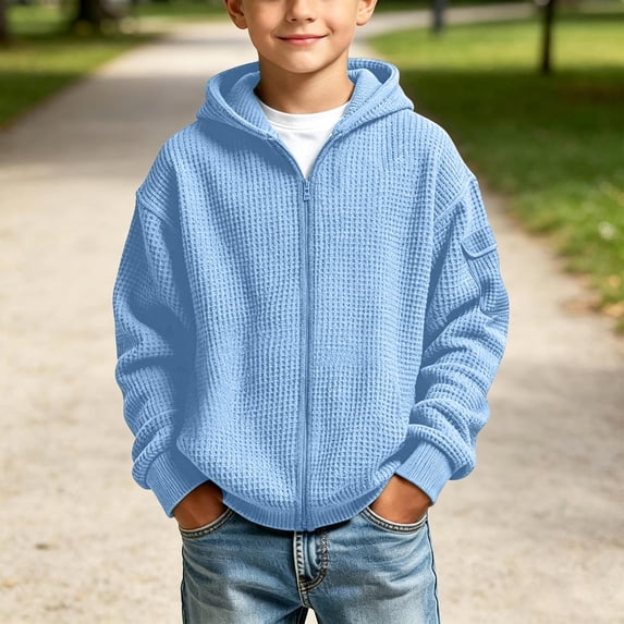 Busydd Boys Fall Jacket 3-14 Years Trendy Solid Color Waffle Texture Zip Up Jacket Comfy Casual Long Sleeve Hooded Outerwear