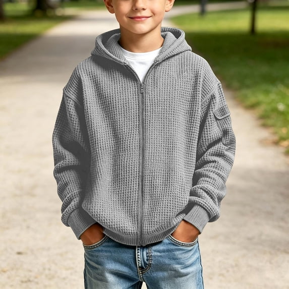 Busydd Boys Fall Jacket 3-14 Years Trendy Solid Color Waffle Texture Zip Up Jacket Comfy Casual Long Sleeve Hooded Outerwear
